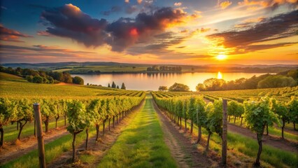 Naklejka premium Golden Hour Serenity Vineyard Rows Leading to a Calm Lake at Sunset