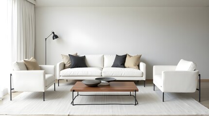 Modern living room interior with stylish white sofa and chairs offers a serene, minimalist aesthetic