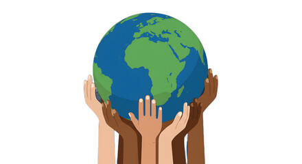 A minimalist, flat 2D illustration of diverse hands gently supporting a stylized globe. The hands, in various skin tones, are positioned below the earth, symbolizing unity, global support, and peace. 