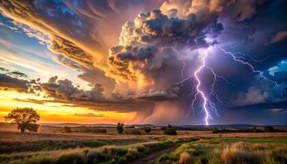 Dramatic storm clouds over a field at sunset
