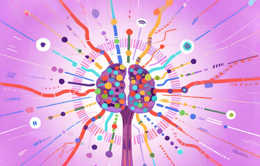 Abstract Colorful Brain with Neural Connections and Data Flow on Gradient Background