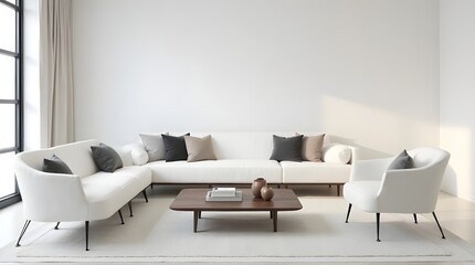 Elegant living room interior with white furniture and soft neutral tones creates a serene and modern space