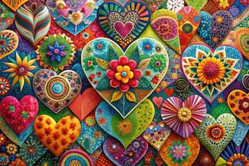 Fototapeta premium Vibrant Collage of Ornate Hearts Featuring Intricate Floral Designs and Jewel Tones