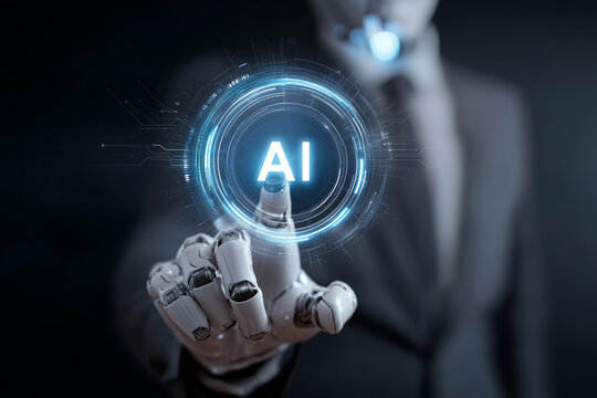 Futuristic AI robot assistant in business suit