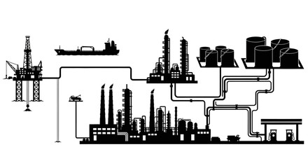 Silhouette illustration of an industrial complex, showing interconnected oil and gas production, processing, and transportation.