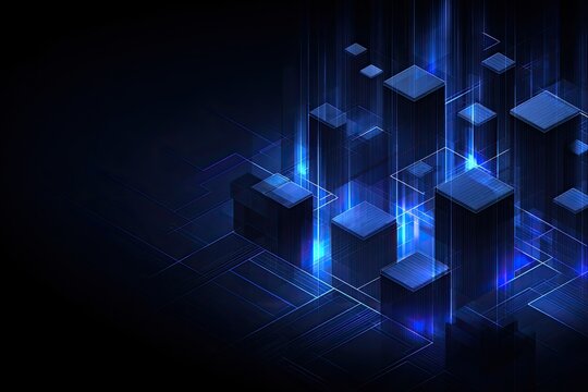 Fototapeta Dark futuristic cityscape with glowing blue lines and blocks