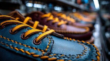 Detailed view of a line of colorful, handcrafted leather moccasin shoes