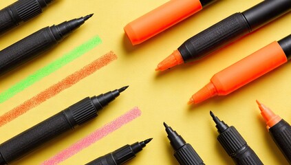 Assorted vibrant colored markers arranged on a bright yellow surface.