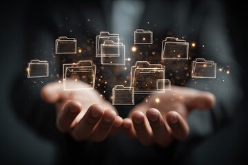 Hands holding digital folders, glowing softly