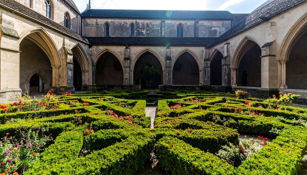 Stone cloister with geometric garden