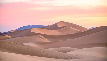 Sunset Glow Over Desert Sand Dunes Serene Landscape with Pink Sky.