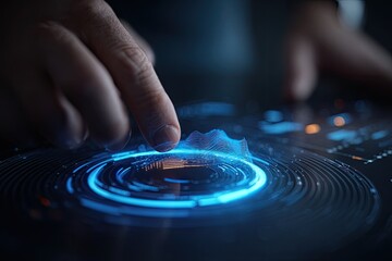 Close-up of hands interacting with a futuristic touchscreen interface.  Glowing circular UI elements and data visualizations