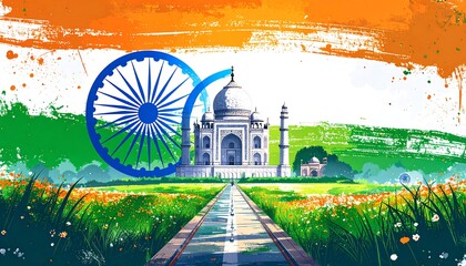 Indian flag backdrop with Taj Mahal