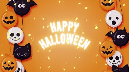 cute halloween party background with gold star shaped confetti and flying balloons animation - Powered by Adobe