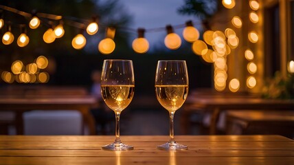 Two wine glasses on a wooden table with golden bokeh lights in the background, creating a romantic evening café atmosphere.