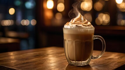 Malaysian teh tarik with thick froth in glass mug, steam rising, wooden café table, warm bokeh lights in night atmosphere, cinematic look.