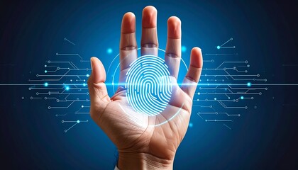 A hand displays a projected digital fingerprint graphic, overlaid with a circuit board design, creating a futuristic and secure technology concept.