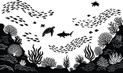 Underwater marine life scene with coral reef, fish, sea turtle, and shark, black vector illustration for ocean, diving, and aquatic ecosystem design