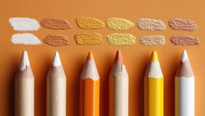 Colorful colored pencils arranged on an orange background with color swatches.