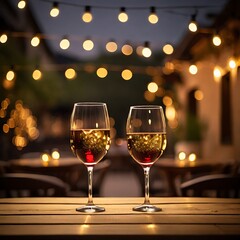 Two wine glasses on a wooden table with golden bokeh lights in the background, creating a romantic evening caf&eacute; atmosphere.