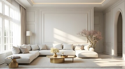 Elegant neutral living room exudes serene ambiance with modern furniture and blank art canvas ready for your design