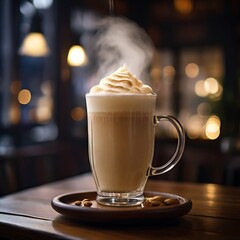 Malaysian teh tarik with thick froth in glass mug, steam rising, wooden café table, warm bokeh lights in night atmosphere, cinematic look.