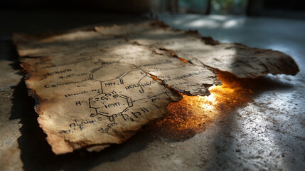 Vintage cracked parchment with a forgotten chemical diagram, illuminated by a validating beam of light.