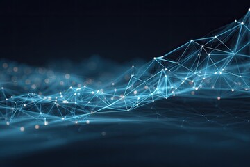 Abstract network of interconnected points and lines, creating a wavy, flowing design against a dark background.  Light blue lines and points form a complex, dynamic pattern