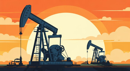 Oil Pump Jacks Silhouette at Sunset.