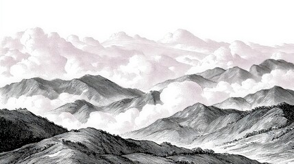 Monochrome mountain landscape with layered rolling hills and dramatic cloud formations creating a serene natural scene in black and white style