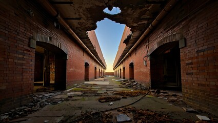 Fototapeta premium Abandoned brick building with open roof revealing sky perfect for urban exploration