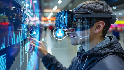 young man wears advanced VR headset with interacting vibrant blue holographic digital interface for augmented reality virtual reality data visualization networking immersive experience concept - Powered by Adobe