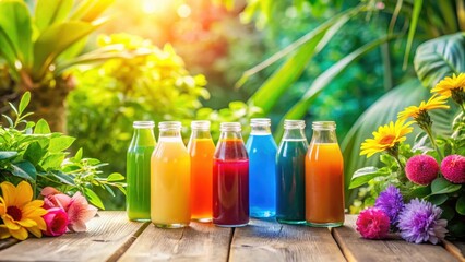 Refreshing Rainbow of Colorful Fruit Juices in Glass Bottles on Wooden Table Outdoors