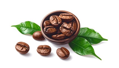 Roasted coffee beans in a small bowl with green leaves