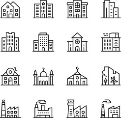 Fototapeta premium Building Icon Collection – Black & White Line Vector of Urban, Civic, and Religious Structures