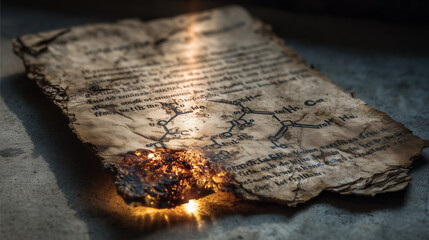 Vintage cracked parchment with a forgotten chemical diagram, illuminated by a validating beam of light.