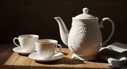 Fototapeta premium Elegant white ceramic teapot with two tea cups on wooden table