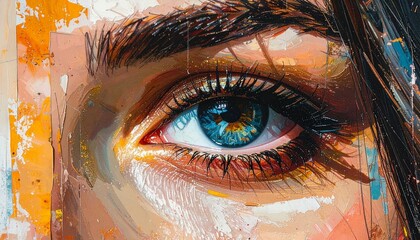 Portrait collage painting closeup facial shot with eye contact print design art poster. Detailed high quality image. 