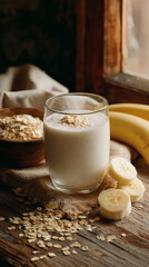 Close-Up of Banana, Oats, and Plant-Based Milk Smoothie on Rustic Wooden Table with Fresh Ingredients in Natural Light