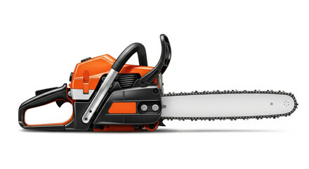 Powerful Orange and Black Chainsaw on White Background.