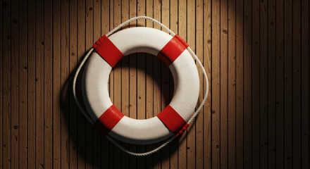 Red and White Lifebuoy Hanging on Wooden Wall.