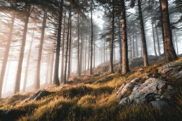 Obraz premium Misty mountain forest at dawn. Sunlight filters through tall pines