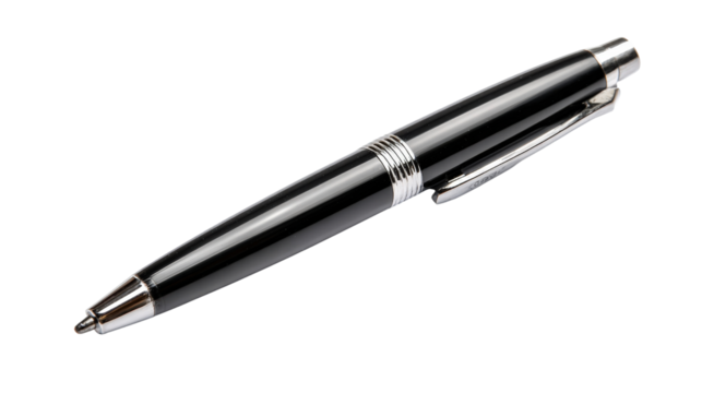 Black ballpoint pen with metal clip,Transparent background, PNG file