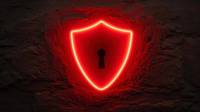 Endpoint security cloud shield neon red keyhole dark stone wall, glowing lock vibe for cyber defense and safe network access, modern strong protection