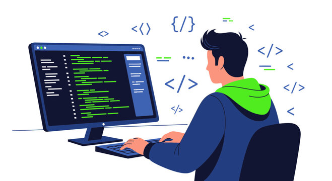 A Programmer Coding On A Computer With Digital Code And Symbols Illustration