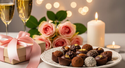 Fototapeta premium Romantic Valentines Day Celebration with Champagne and Chocolates.