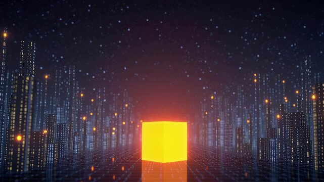Endpoint security cloud data center with glowing cube cityscape night, cyber defense, digital encryption, firewall, server AI, binary data stream