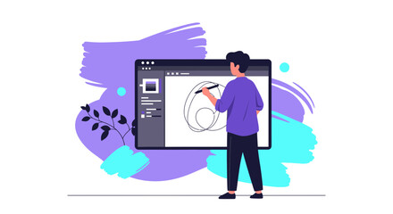 Artist Illustrating Designs On Digital Interface With Abstract Background Elements