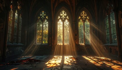 Fototapeta premium Sunlight streams through stained glass windows, illuminating an aged, gothic interior.