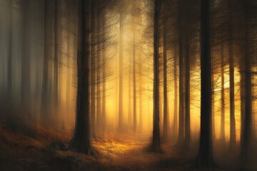 Golden sunbeams pierce a misty forest